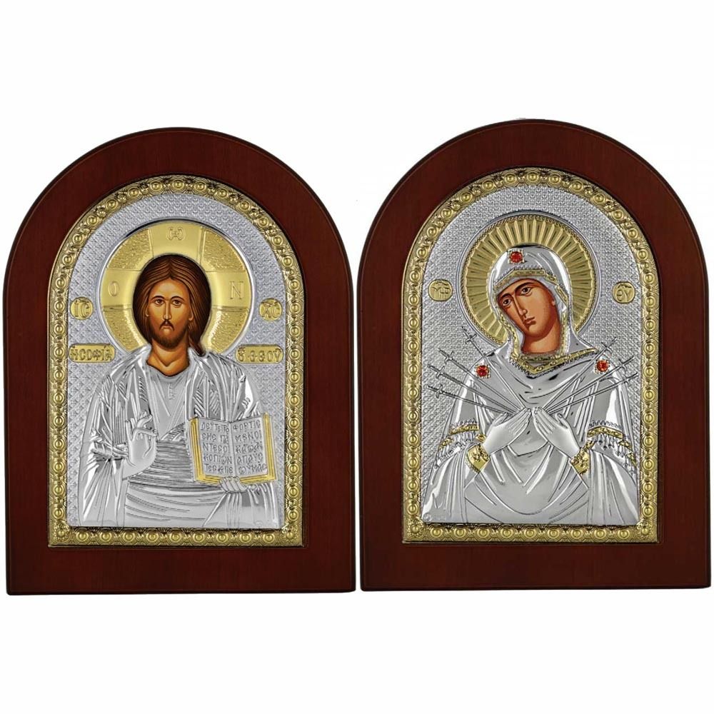 Венчальная пара: Спаситель и Семистрельная Богородица. Серебряные иконы.