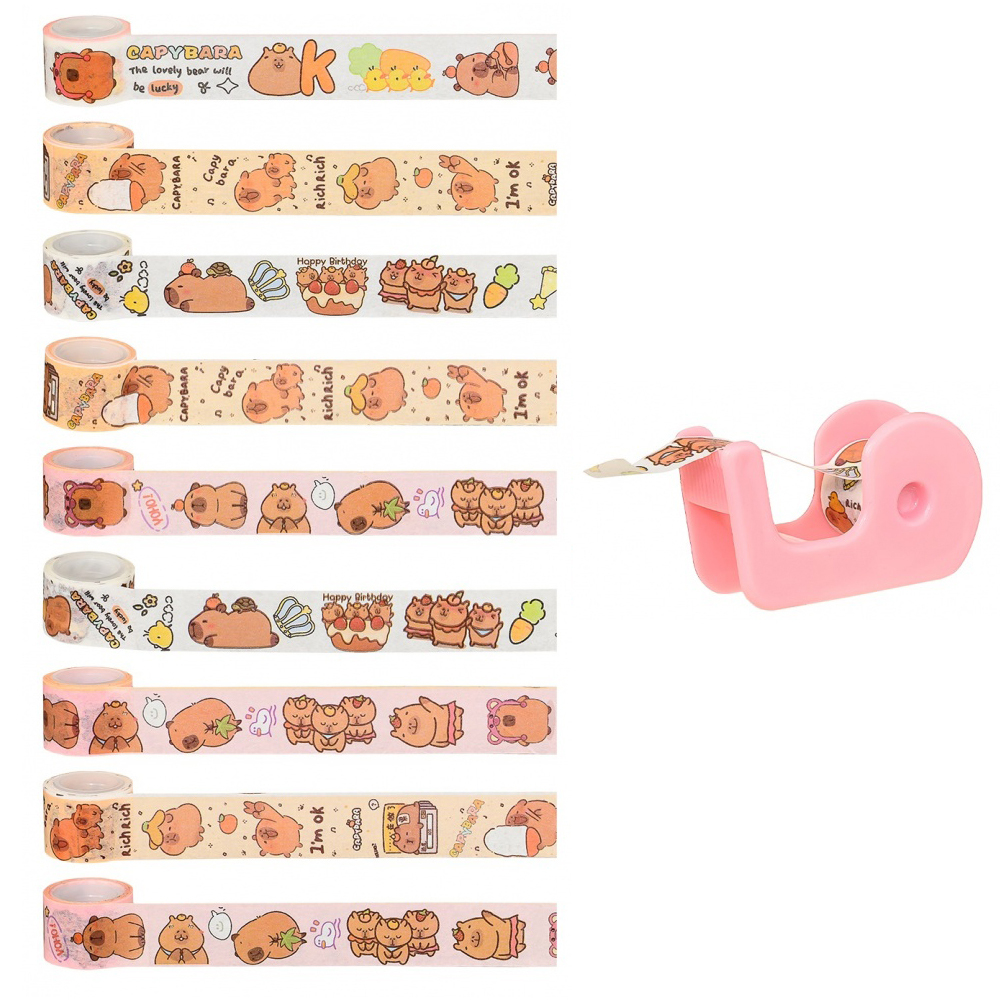 Клейкая лента (скотч) декоративная Basir, цветная, с рисунком капибары, 9 лент+диспенсер