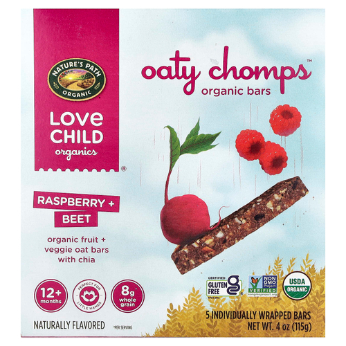 Love Child Organics, Nature's Path, органические батончики Oaty Chomps™, для детей от 12 месяцев, малина и свекла, 5 батончиков в индивидуальной упаковке, 23 г (0,8 унции)