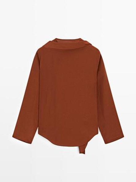 Massimo Dutti Блуза из струящейся ткани с завязками на горловине, терракотовый