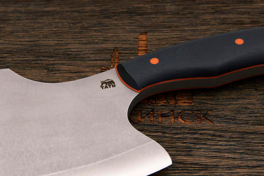 Топорик кухонный Мастерской Тать 120мм, сталь 50Х14МФ, G-10 черный (оранжевый спейсер)