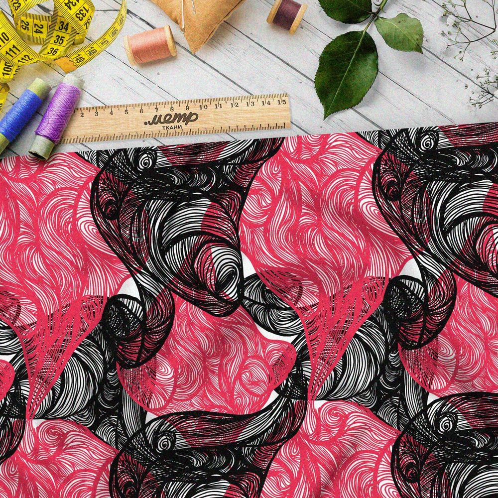 Ткань муслин витиеватый чёрные и розовый дым
