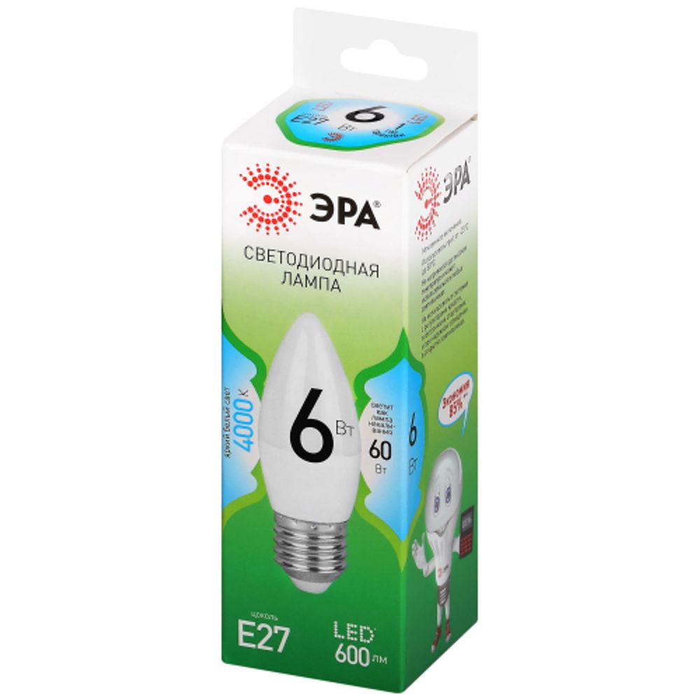 Лампа светодиодная ЭРА GREEN LINE LED B35-6W-840-E27 GL 6Вт свеча яркий белый свет E27 | Лампы cветодиодные Свеча (B/C)