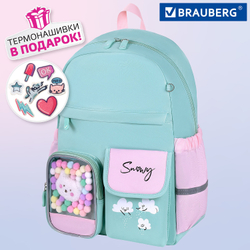 Рюкзак BRAUBERG PASTEL с термонашивками в комплекте, "Funny clouds", мятный, 40х29х14 см, 271421