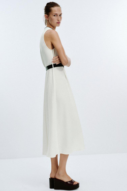 ZARA ПЛАТЬЕ МИДИ С КОНТРАСТНОЙ ОТДЕЛКОЙ И ПОЯСОМ, ЖЕЛТОВАТО-БЕЛЫЙ