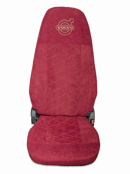 Чехлы VOLVO FM после 2008 года: 2 высоких сиденья, ремень у водителя из сиденья, у пассажира - от стоек кабины (один вырез на чехлах) (велюр, красный)