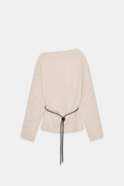 ZARA ТОП ИЗ РЕЛЬЕФНОЙ ТКАНИ С ПОЯСОМ, БЕЖЕВЫЙ МЕЛАНЖ