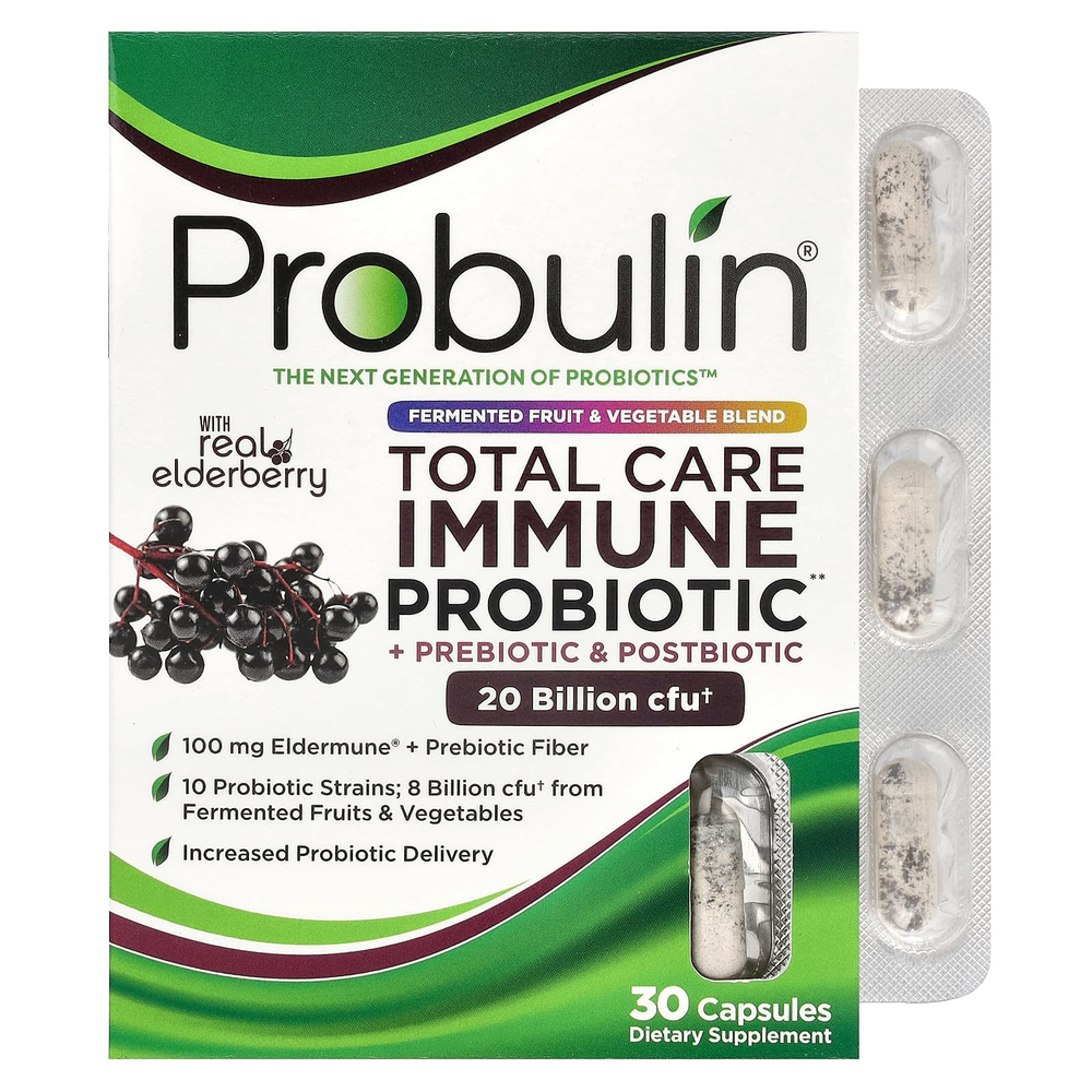 Probulin, Total Care иммунные пробиотики, пребиотики и постбиотики с настоящей бузиной, 20 млрд КОЕ, 30 капсул