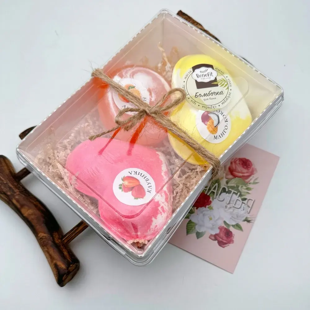 Набор бомбочек "Сердце клубника XL, манго-кокос XL + мыло апельсин