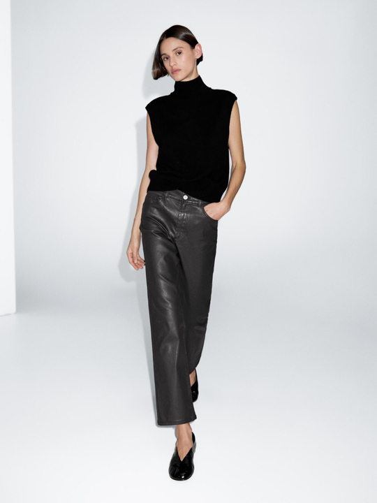 Massimo Dutti Брюки прямого кроя с высокой посадкой и вощеным покрытием, черный