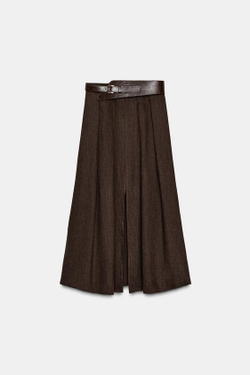 ZARA ЮБКА МИДИ С РЕМНЕМ, КОРИЧНЕВЫЙ