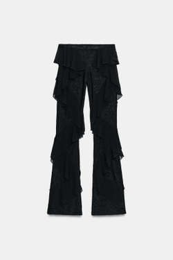 ZARA БРЮКИ С КРУЖЕВНЫМИ ВОЛАНАМИ, ЧЕРНЫЙ