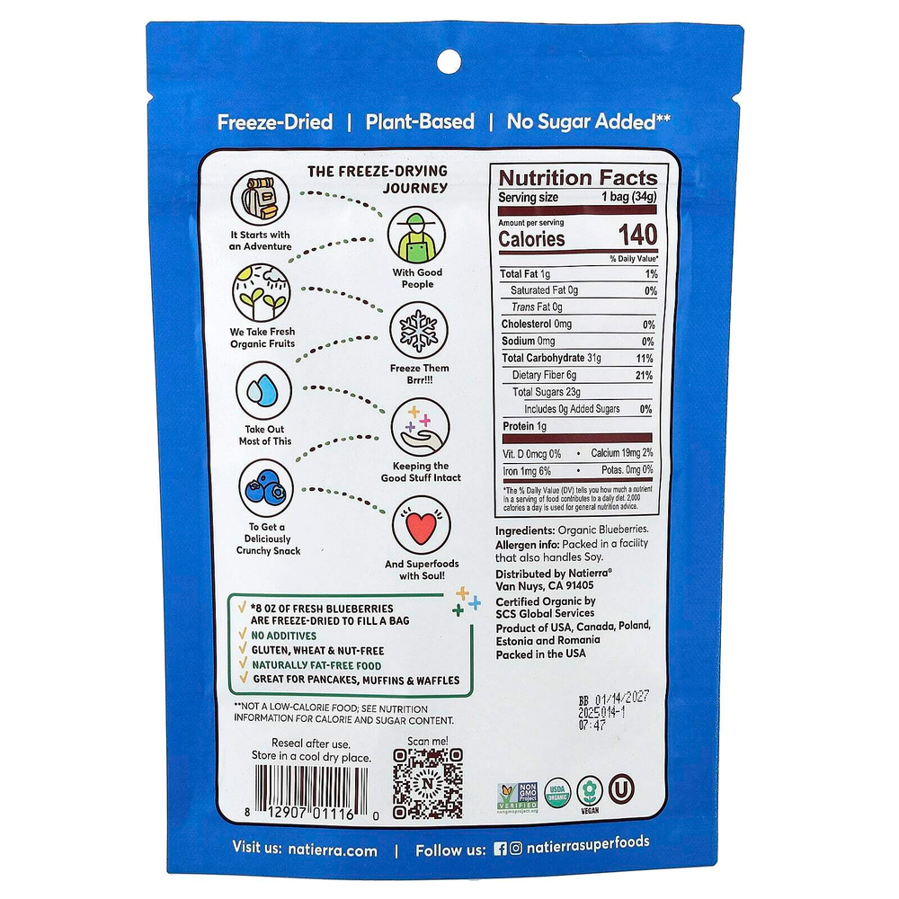 Natierra, Органическая сублимированная голубика, 34 г (1,2 унции)