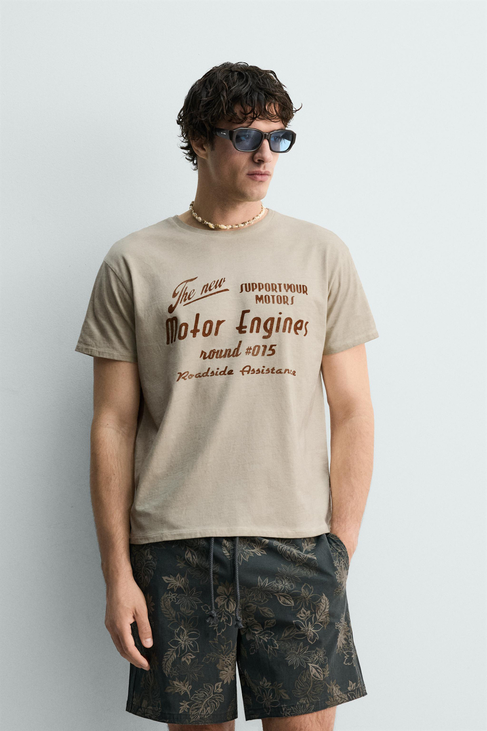 ZARA ФУТБОЛКА С ВИНТАЖНЫМ ПРИНТОМ, БЕЖЕВЫЙ
