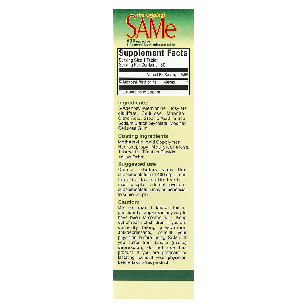 NutraLife, SAMe, 400 мг, 30 таблеток, покрытых кишечнорастворимой оболочкой