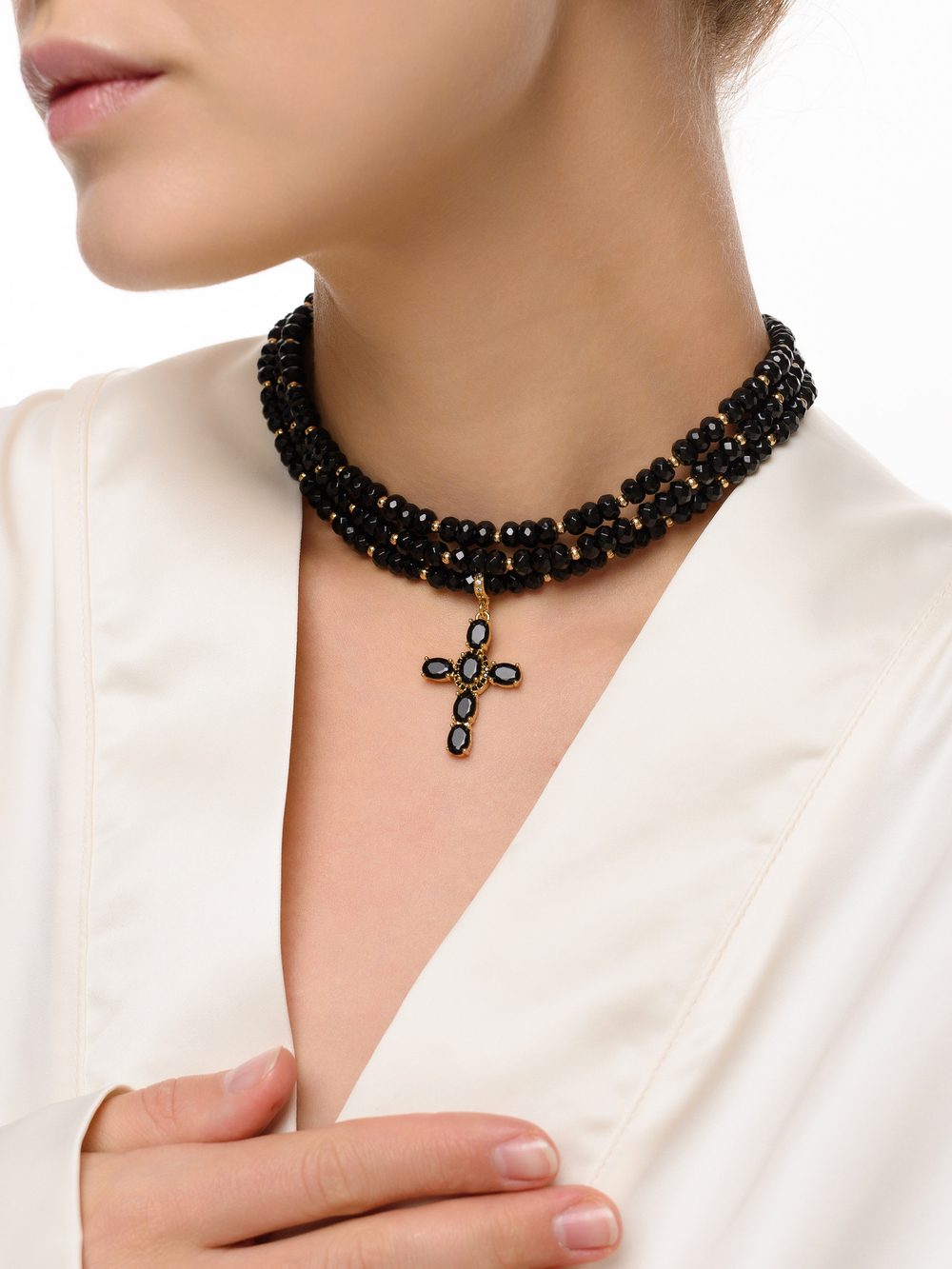 Колье "Black Cross" из черного агата Gold