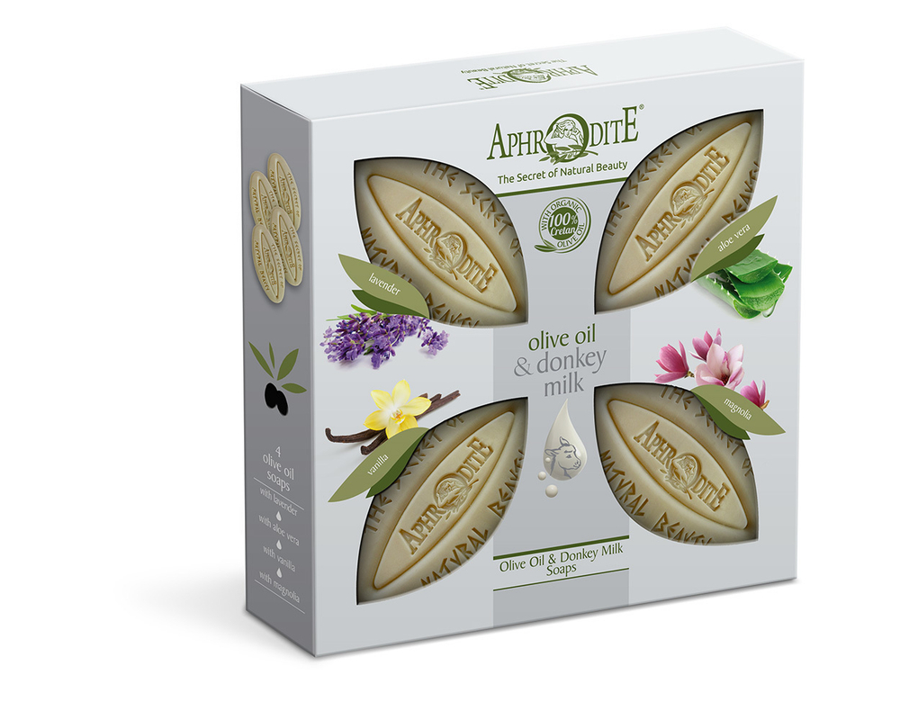 Набор мыла оливкового «Эликсир молодости» 4 шт: с молоком ослиц и магнолией, с молоком ослиц и алоэ, с молоком ослиц и лавандой, с молоком ослиц и ароматом ванили. «APHRODITE»