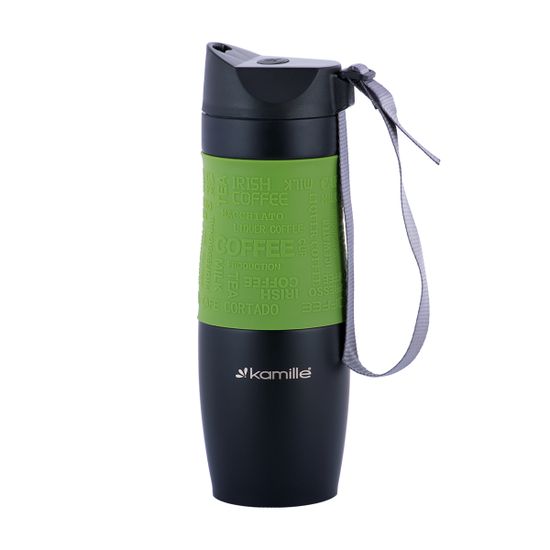 Термокружка 480 мл. из нержавеющей стали Kamille KM-2067 с TPR-вставкой и ремешком