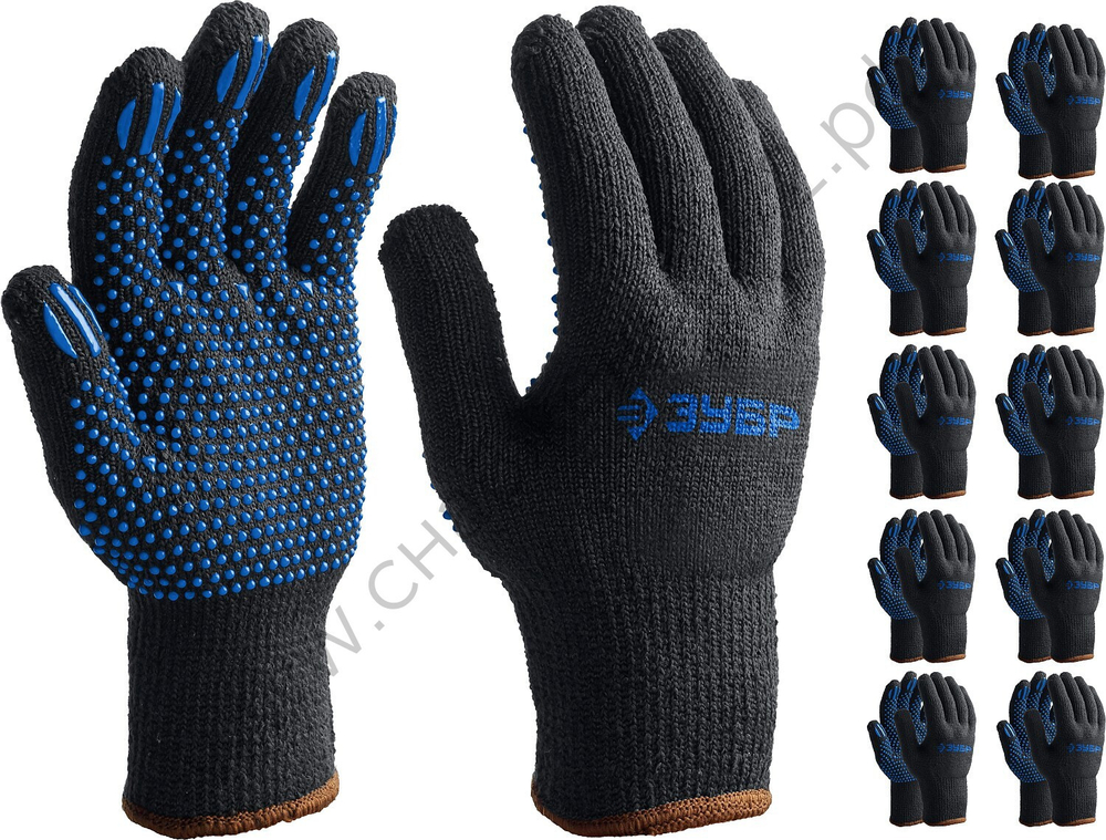 ЗУБР трикотажные, покрытие ПВХ (точка), 10 пар, размер L-XL, утеплённые перчатки (11462-H10)