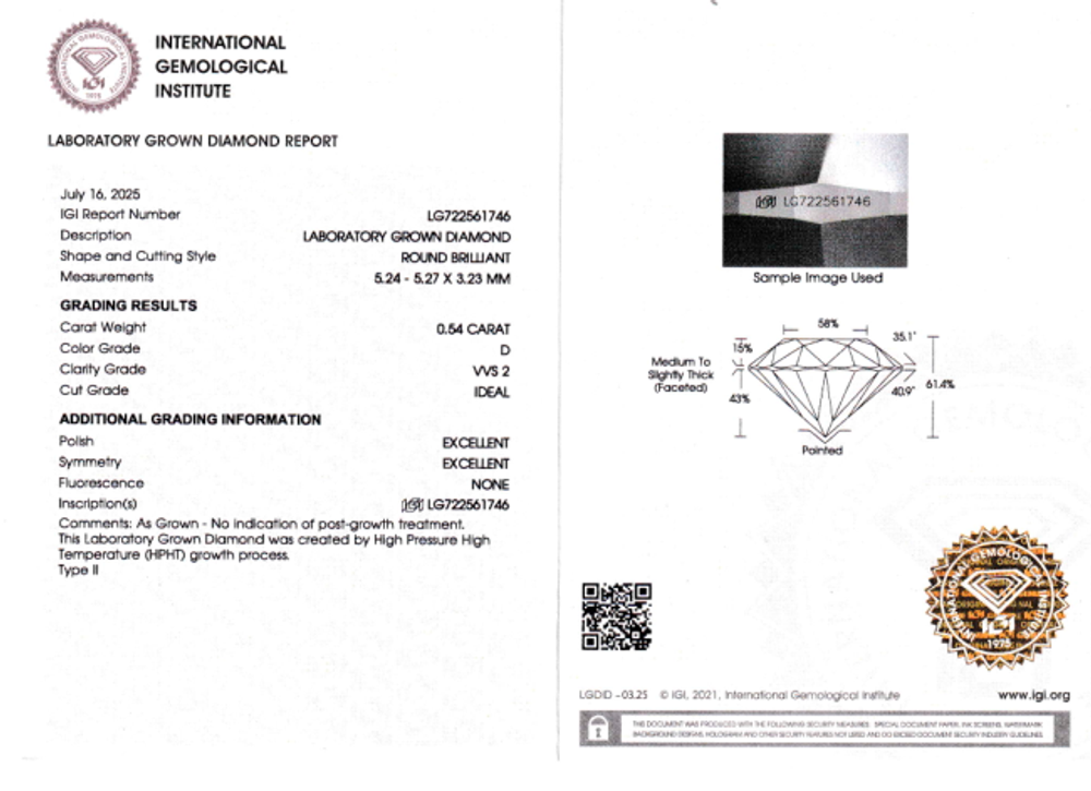 Лабораторно-выращенный бриллиант Кр-57 5.24-5.27 мм D/VVS2 0.54 ct
