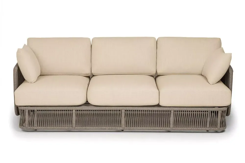 "Альбано" диван 3-местный плетеный из роупа, каркас алюминий светло-серый (RAL7035) муар, роуп серый меланж круглый, ткань Mossle светло-бежевая