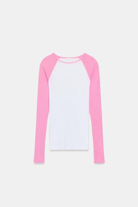 ZARA ФУТБОЛКА SUPIMA® С КОНТРАСТНЫМИ РУКАВАМИ, РОЗОВЫЙ/БЕЛЫЙ