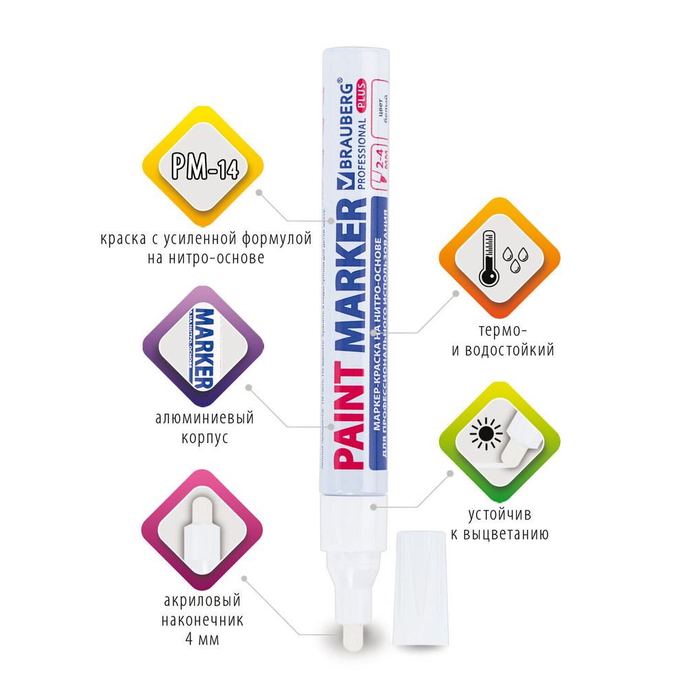 Маркер-краска лаковый (paint marker) 4 мм белый нитро-основа алюминиевый корпус BRAUBERG PROFESSIONAL PLUS (12 штук в упаковке)