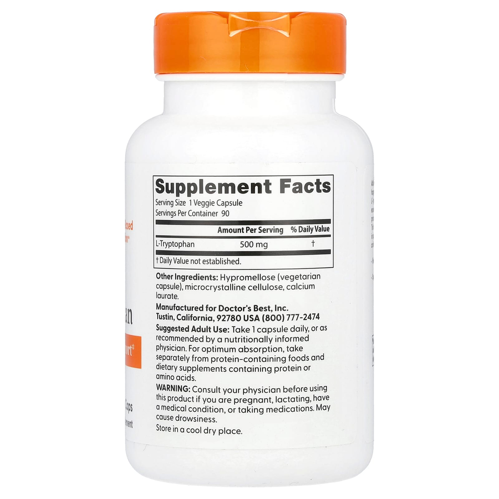 Doctor's Best, L-триптофан с TryptoPure, 500 мг, 90 растительных капсул