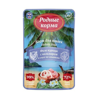 РОДНЫЕ КОРМА Морская серия Влажный корм для кошек, филе курицы с кальмаром в соусе по-азиатски, 85 г