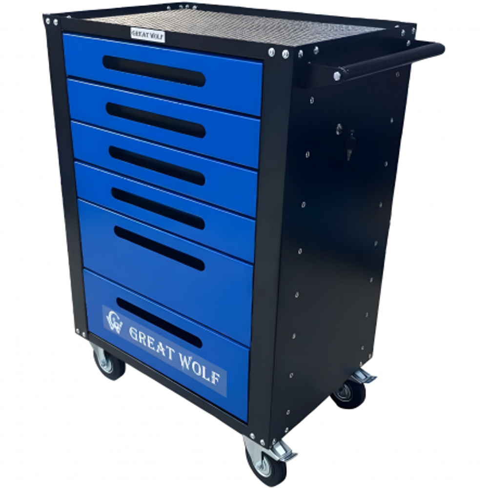 Инструментальная тележка GWT-B6L (6 ящиков, центральный замок, колеса с тормозом, синяя)