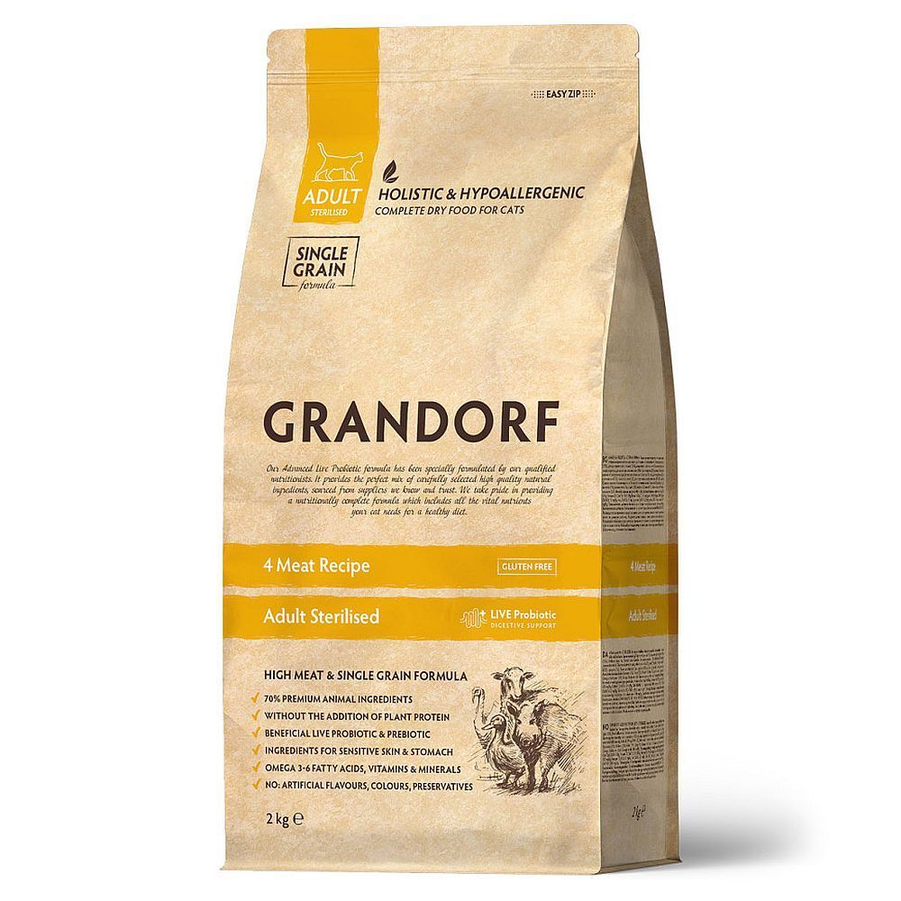 *GRANDORF CAT 4 Meat&amp;Rice PROBIOTIC STERILISED (4 мяса для стерилизованных кошек) 2кг
