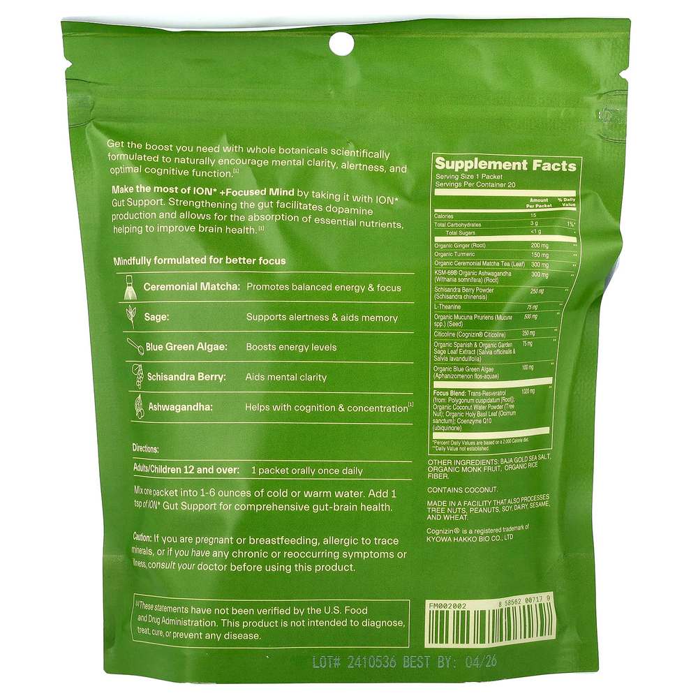 ION Intelligence of Nature, Focused Mind, матча, 20 пакетиков по 3,8 г (0,13 унции)