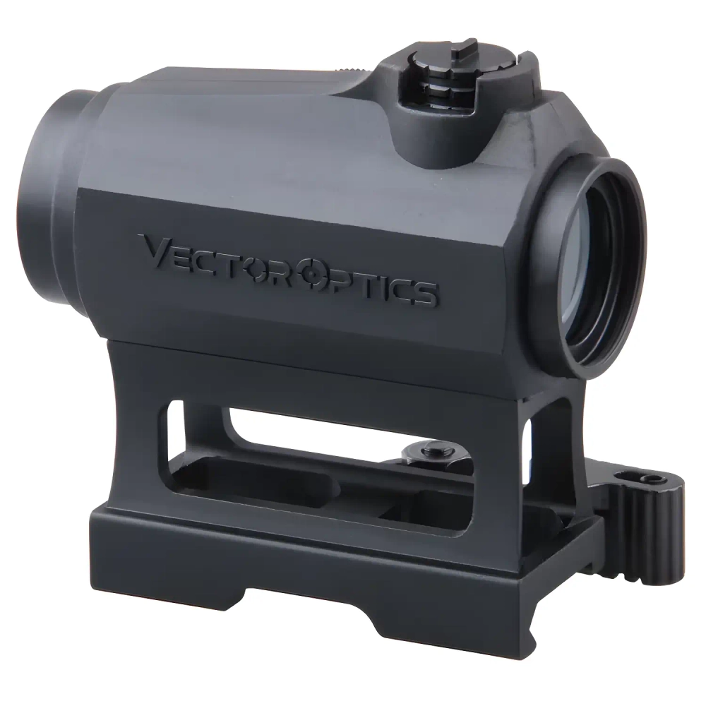 Коллиматорный прицел Vector Optics Maverick 1x22 MIL (SCRD-38) вид сбоку, бренд на корпусе