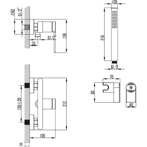 Смеситель для душа Azario VINCENTE с ручным душем, керамический картридж, без излива, черный матовый (AZ-VRZ338326PA)