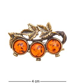 AM-2355 Брошь «Лист Смородины» (латунь, янтарь)