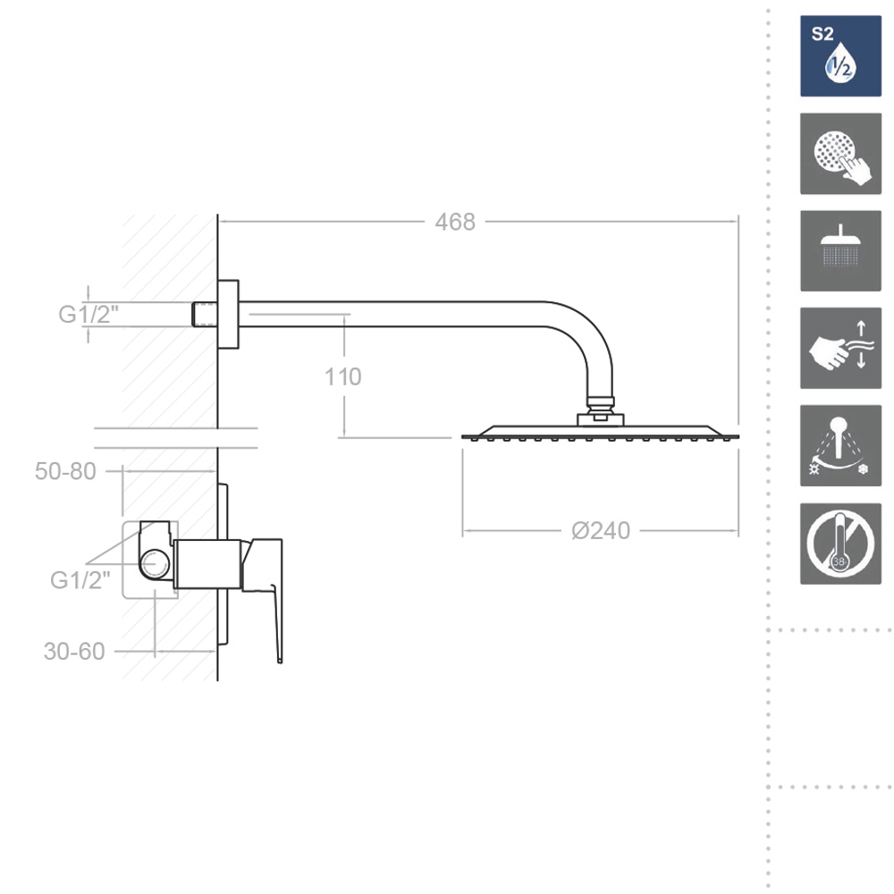 Встраиваемый смеситель для душа с тропическим душем TITANIUM K1818013
