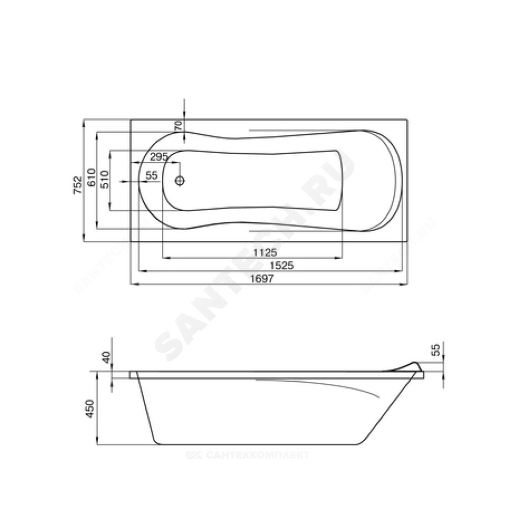 Ванна акриловая Каледония 170х75см без ножек Santek 1.WH30.2.391