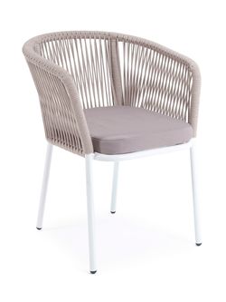 "Марсель" стул плетеный из роупа, каркас алюминий белый муар, роуп бежевый круглый, ткань бежевая 15052