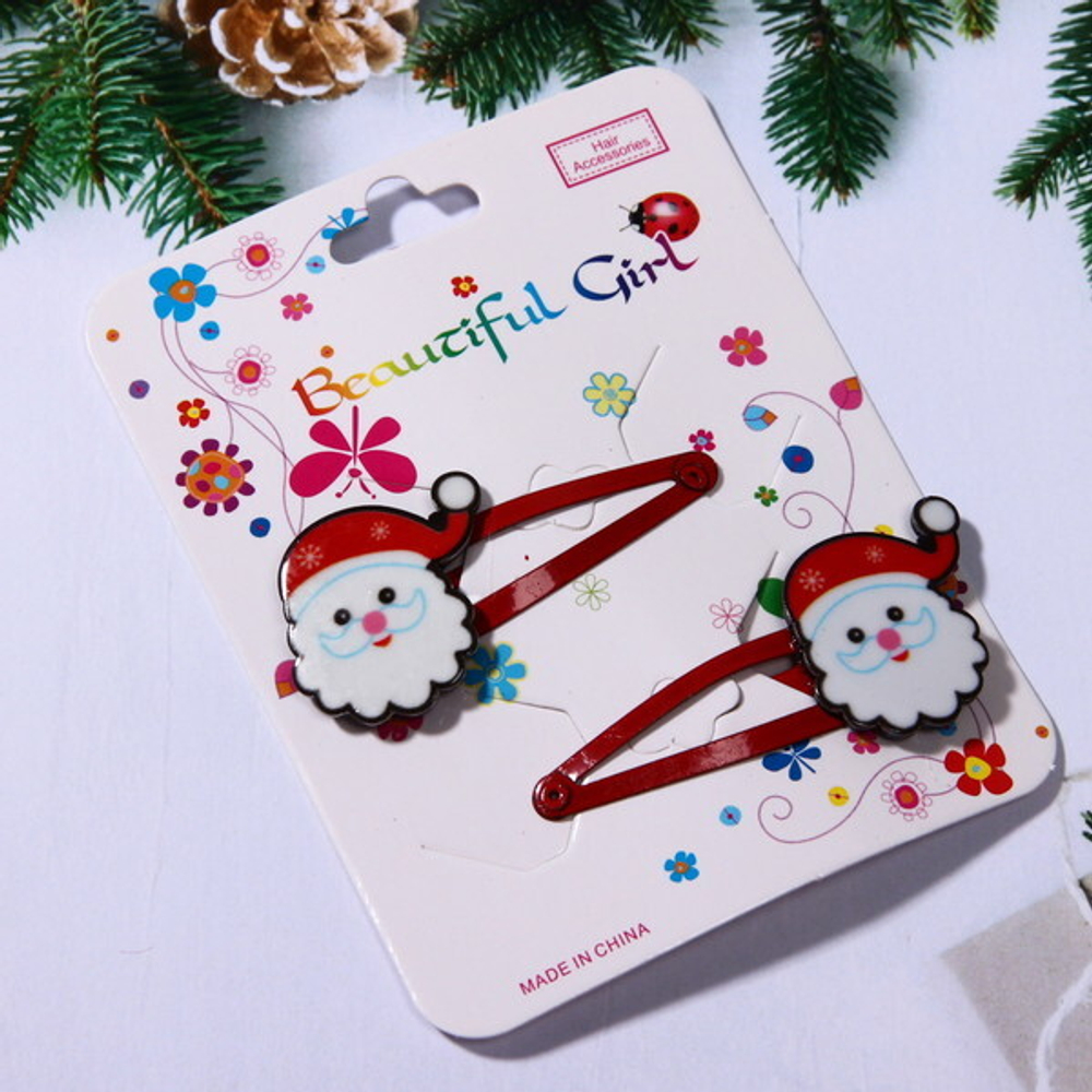 Зажимы для волос детские 2шт «Новогодняя сказка - Дед Мороз», цвет красный, 5см