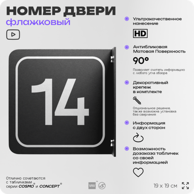Табличка флажковая с номером 14 на дверь квартиры, для офиса, кабинета, аудитории, склада, черная двустороняя 19х19 см, Айдентика Технолоджи