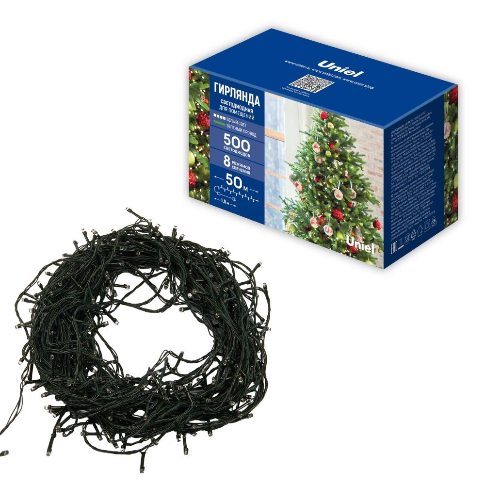ULD-S5000-500-DGA WHITE IP20 Гирлянда светодиодная. 50м. 500 светодиодов. Белый свет. Провод зеленый. ТМ Uniel