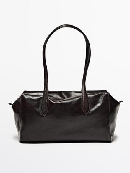 Massimo Dutti Сумка-сэтчел из кожи наппа с мотивом кракле, коричневый