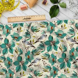 Ткань таффета бирюзовые цветы с птицами