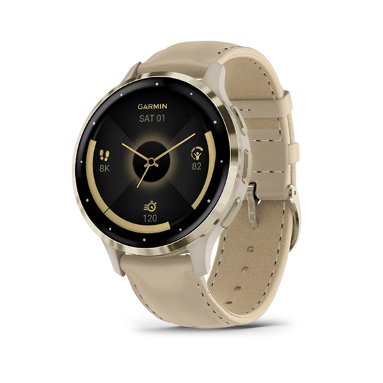 Умные часы Garmin Venu 3S 41 мм Безель из нержавеющей стали из мягкого золота, корпус французского серого цвета и кожаный ремешок