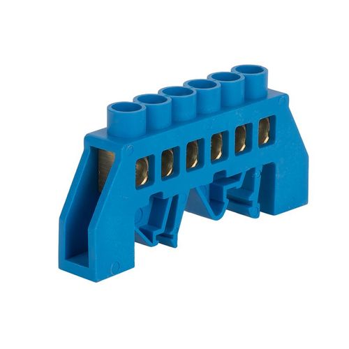 Шина нулевая 6 отверстий, латунь, корпус нейлоновый синий, 8х12 мм