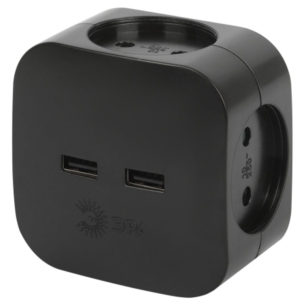 Разветвитель электрический ЭРА SP-4-USB-B на 4 розетки + 2xUSB 2400mA, без заземл 10А (черный) | Тройники