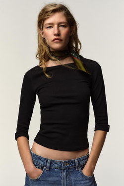 ZARA ФУТБОЛКА В РУБЧИК С ПУГОВИЦАМИ, ЧЕРНЫЙ