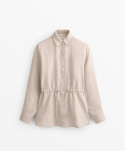 Oysho Длинная льняная рубашка, песочный меланж