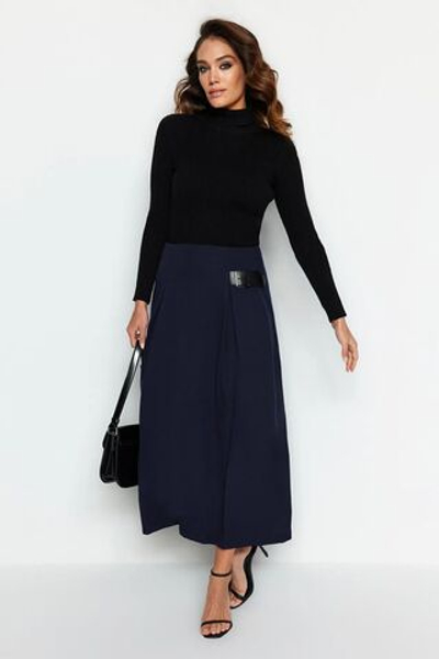 Темно-синяя тканая юбка с поясом TCTAW24EE00014