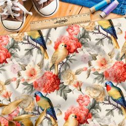 Ткань премиум атлас попугаи в крупных цветах